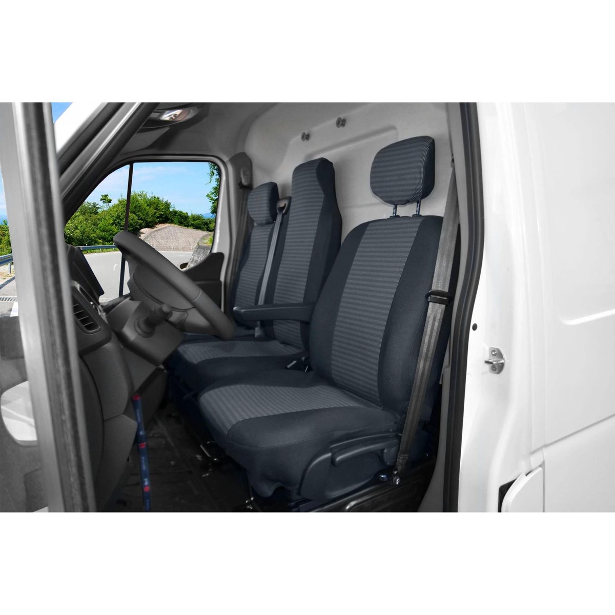 Pokrowce do Nissan NV400 od 2010-2023 - 3 miejsca DZIELONE OPARCIE Z KŁADZIONYM STOLIKIEM I CAŁE SIEDZENIE | Seria LUX